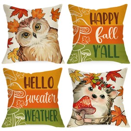 Ussap Happy Fall Y'all Decorative Throw Pillow Covers 18 x 18 Set of 4, Hello Sweater Weather Owl Bird Hedgehog Cushion Case Decor, Autumn Mushroom Maple Leaves Stripes Home Decoration for Sofa Couch