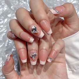 Pure Handmade Nails Press on Nail Reusable Fake Nails Pink French Rhinestones Bling Bling Nude Medium Stick on Nails French Tip False Nails 10pcs (M, Q280)