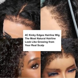 4C Edges Kinky Straight Human Hair Wigs HD 13x6 Deep Part Lace Front Wig Brazilian Remy Human Hair 200% Density Pre Plucked With Curly Baby Hair Afro Yaki Straight Human Hair Wig For Women 22Inch