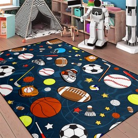 kodhyvj Navy Blue Sport Rugs Boys Rugs for Bedroom Kids Rug Balls with Soccer Ball, Basketball, Football, Tennis Ball Playroom Rug, 5'x7'