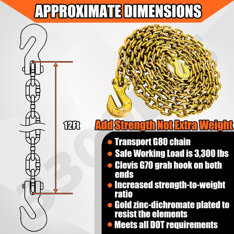 YATOINTO G80 1/4 Inch x 12 Foot Chain Tow Chain
