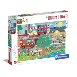 Clementoni - Puzzle Maxi Busy Town 104pcs Does Not Apply Supercolor Town-104 Piezas-Made in Italy, 4 Años, Dibujos Animados, Ilustraciones para Niños, Multicolor, Medium, 23766