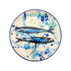 Generic Portuguese Pottery Ceramic Dinner Plate Made in Portugal - Splash Sardines (1), 11.5 inches, Blue, White, Green, 020.011.01