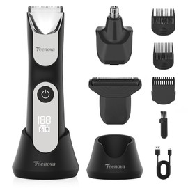 TEENOVA Manscape Body Hair Trimmer for Men, No Nick Pubic Bikini Trimmer for Women, 3 in 1 Versatile Groin Shaver with Nose Hair Trimmer, Cordless Dock Charging, LED Display, Wet/Dry Grommer (Silver)