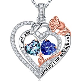 TINGN Gift for Women - 925 Sterling Silver Heart Pendant Birthstone Necklace for Women Valentine's Day Mother's Day Christmas Birthday Jewellery Gift for Wife Girlfriend, Sterling Silver