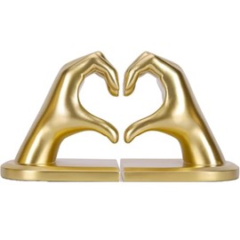 Ambikun Gold Heavy Duty Bookends for Shelves - Heart Design Decorative Book Ends, Non-Skid Resin Book Stopper