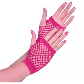 HD Novelty Fingerless Fishnet Gloves Diva Women Black 80s Retro Vintage Nylon Stretchy Mesh Gloves for Kids Girls Dance Disco Costume Parties Supplies Accessories (Neon Pink)