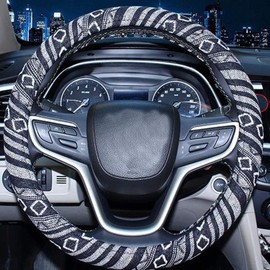 SHIAWASENA Car Steering Wheel Cover, Coarse Flax Cloth, Ethnic Style, Universal 15 Inch Fit, Anti-Slip Sweat-Absorbent (E#)