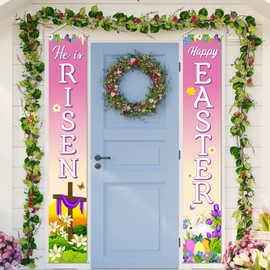 Tegeme Happy Easter He Is Risen Porch Sign, He Is Risen Decoration Hanging Banner Easter Eggs Bunny Jesus Holiday Door Sign Decorations for Home Outdoor Indoor Wall Front Door Decor
