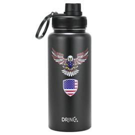 DRINCO Stainless Steel Water Bottle Spout Lid Vacuum Insulated Double Wall Water Bottle USA Flag Military Veteran (32oz Eagle Black, 32oz)