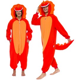 FUNZIEZ! Adult Triceratops Costume - Plush One Piece Dinosaur Costume - One Piece Pajama (Orange, Large)
