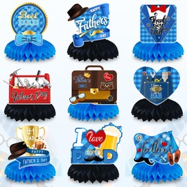 Honeycomb Centerpiece Father's Day Decorations Double Sided Printing Blue Table Centerpieces for Father's Family Birthday Party Decor,Fathers Day Party Supplies, Photo Backdrop 9Pcs Style B