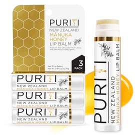 PURITI Bálsamo labial de miel de manuka, paquete de 3 unidades calmante e hidratante, enriquecido con almendras, jojoba, aceites de macadamia, manteca de cacao, hidratante para labios secos y agrietados, 100% miel de manuka de Nueva Zelanda genuina