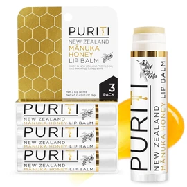 PURITI Bálsamo labial de miel de manuka, paquete de 3 unidades calmante e hidratante, enriquecido con almendras, jojoba, aceites de macadamia, manteca de cacao, hidratante para labios secos y agrietados, 100% miel de manuka de Nueva Zelanda genuina