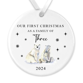"Our First Christmas as a Family of Three" Watercolour Polar Bear Design Ceramic Bauble: 7.5cm Ornament - Ideal New Parents and Baby's First Christmas Gift