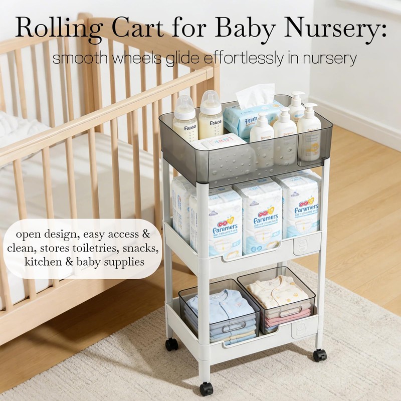 LiWNYRK 3 Tier Rolling Cart with Wheels 4.7'' Deep Baskets