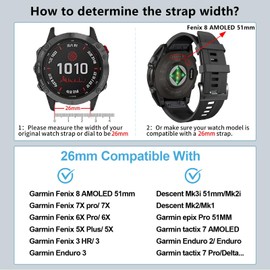 ZPJPPLX 26mm Compatible with Garmin Fenix 8 AMOLED 51mm/7X Pro/6X Pro/7X/6X/5X Plus/5X bands,Silicone watch band for Descent Mk2i MK3i 51mm/Enduro 3/2/epix Pro 51MM/tactix 7 AMOLED/tactix 7 Pro