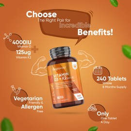 Vitamin D3 K2 MK7-8 Months Supply (240 VIT D3 & K2 Tablets) - Vegetarian Vitamin D 4000IU & 125ug K2- High Strength Vitamin D Supplement for Women & Men - D3 and K2 Vitamin for Bone & Immune System