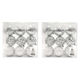 Plastic Christmas Bauble Diameter 8 cm White Silver Decorative Christmas Tree Decorations 2 Sets - 18 Baubles