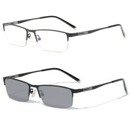 laureles Photochromic Reading Glasses for Men Business Square Metal Half Frame Sun Photochromic Lens Readers (Black, 1, multiplier_x)