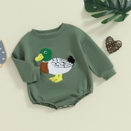 Youweixiong Newborn Baby Boy Girl Sweatshirt Romper Long Sleeve Mallard Duck Embroidery Bubble Bodysuit Oversized Sweater Shirts Top Infant Farm Outfit Cute Fall Winter Clothes (Green, 3-6 Months)
