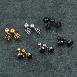 Aroncent 12 (6 Pairs) Stainless Steel Rose Stud Earrings Women's Stud Earrings Set Piercing Ear Round Earrings Rhinestone Stud Earrings Gold Silver Black, Stainless Steel, No Gemstone
