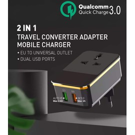 European Travel Plug Adapter, EU Power Plug Converter with 2 USB Ports (Quick Charge 3.0), 2500W High Power AC Outlet Socket for Plug of US and Most of World