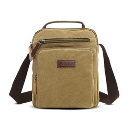 AMJ Small Canvas Messenger Bag, Crossbody Shoulder Bags Vertical Satchel Purse for Travel Work Business Men Women (Khaki)