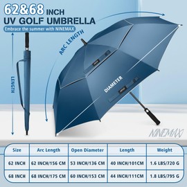 NINEMAX 62 Inch Golf Umbrella UV Protection, Large Windproof UV Umbrellas Auto Open Double Canopy Vented Sun Blocking UPF 50+ for Sun and Rain(Silver/Navy Blue)