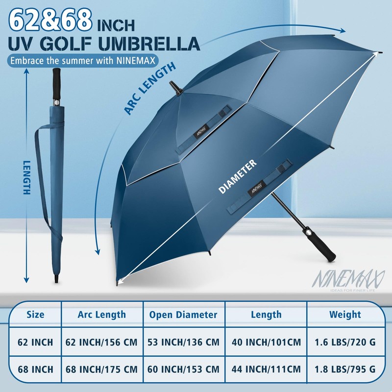 NINEMAX 62 Inch Golf Umbrella UV Protection, Large Windproof UV