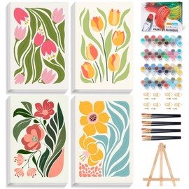 4 Pack Paint by Numbers Kit for Adults with Frame Flower Easy, Framed Paint by Number for Adults Beginner with Wooden Easel, Floral DIY Painting by Numbers Canvas Framed for Home Decor 8 x 12 Inch