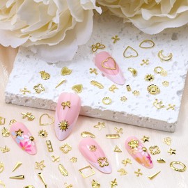 Sinyanail 40 Grids Gold Metal Nail Studs,Multiple Shapes Rivet Jewelry Accessories,3D Mix Geometry Nail Art Charms Decoration Kit for Manicure Nails Supplies DIY Crafts (40-Gold Studs)