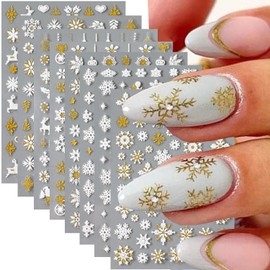 12 Sheets Snowflakes Nail Art Stickers Decals Christmas Nail Decals Gold White Snowflakes Snowman Reindeer Xmas Nail Stickers Winter Snowflake Nail Decals for Women and Girls Nail Decoration