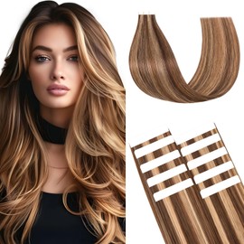 Benehair Invisible Tape in Hair Extensions Human Hair 10 Pieces Remy Straight #4P27 Medium Brown Mix Dark Blonde Real Hair Extension Tapes 16 Inches (15 g)