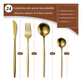 Orrailita Home Juego De Cubiertos De Acero Inoxidable 24 Piezas Utensilios Finos,acero Inoxidable 18/8,pulido Espejo, Para Lavavajillas.para Hogar,restaurantes,bodas O Fiestas ( Dorado, 6 Personas )
