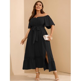 RWJ Black Formal Dresses for Women, V Neck Plus Size Summer Dress Off The Shoulder Wedding Guest Party Cocktail Maxi Dress with Belt Black X-Large