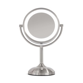 JERDON Lighted Tabletop Mirror with 10X/1X Magnification - LED Lighted Makeup Mirror with Multiple Light Settings in Nickel Finish - 8.5-Inch Diameter Vanity Mirror - Model JS8510BN