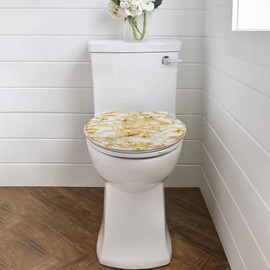 Luarisgur Toilet Lid Cover Elongated Marble Butterfly Bathroom Toilet Seat Cover Washable Toilet Lid Seat Protector Cover with Elastic Bottom Gold