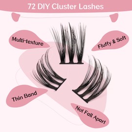 Cluster Eyelashes, Pack of 72 Individual Eyelashes, Eyelash Clusters, DIY Eyelash Extensions, Super-Thin Band, Reusable, Soft & Comfortable (Bubbling-D-8-16 Mix)