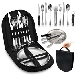 12Pcs Portable Camping Cutlery Set, Stainless Steel Picnic Utensils with Plates and Bottle Opener, Portable Cooking Utensils for 2, for Camping, Picnic, Outdoor Hiking