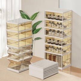 SYNCVIBE Shoe Rack Organizer for Closet Entryway Foldable Sneaker Storage Shoe, Collapsible Shoe Cabinet, Stackable Shoe Storage Cabinet with Lids for Living Room (6 Tiers -12 Pairs Transparent)