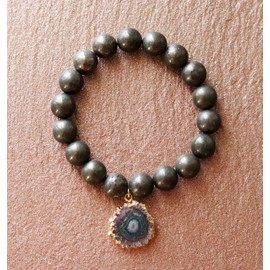 T. VICTORIA Chunky Pyrite Prosperity Abundance Gold Stalactite Charm Beaded Healing Crystal Wealth Gemstone Stretch Bracelet 7"