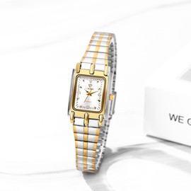 JewelryWe Gold Square Couple Watches: Analog Quartz Waterproof Stainless Steel Casual Dress Wristwatch for Men Women