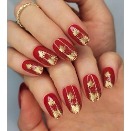 Kikmoya 24Pcs Fall Press on Nails Short Oval Deep Red Fake Nails with Gold Glitter Maple Leaves Designs Glossy False Nails Autumn Nails Full Cover Stick on Nails for Women (Gold Glitter Maple Leaves)