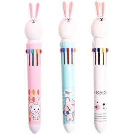 YKKJ Multicoloured Ballpoint Pen 3 Pack 10-in-1 Roller Ball Colour Ballpoint Pen for Office School Supplies Students Children Gift Cute Cartoon Rabbit