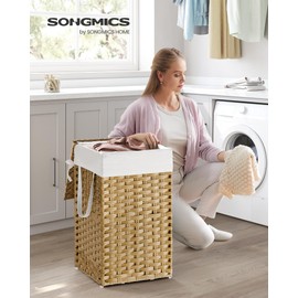 SONGMICS Laundry Hamper with Lid, 17.2 Gallon (65 L) Synthetic Rattan Clothes Laundry Basket with Lid and Handles, Foldable, Removable Liner, Goose Yellow ULCB165N01