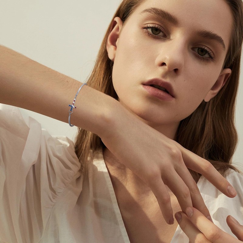 MEDWISE American Flag Bracelet 925 Sterling Silver Cross Bangle Bracelet