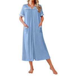 Ekouaer Women Zipper Robes Knit Short Sleeve House Coat Soft Bathrobe Full Length Housecoat Dressing Gown with Pockets