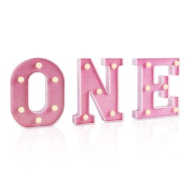 ONE Light Up Letters, 6 Inch LED Light Up One Letters Plastic Marquee Number Lights First Birthday Sign Pink 1st Birthday Decorations Photo Prop for Boys Girls Baby 1 Year Old Birthday Party Supplies