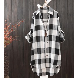 MaxWant Women's Plaid Shirt, Top, Large, Long, Thin, Spring, Summer, Coloring, Stylish, Casual, Body Cover, Black